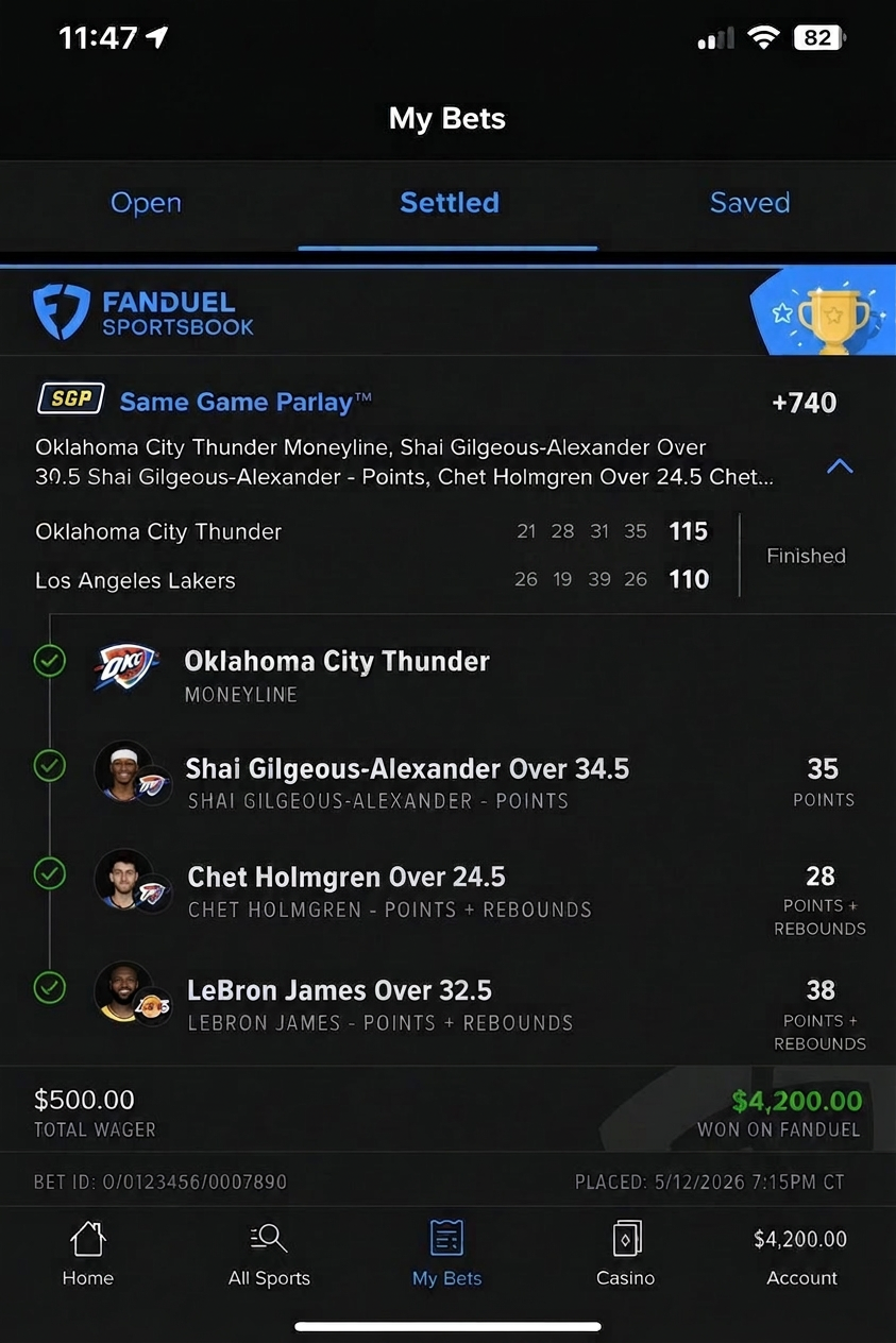 NBA · Thunder vs Lakers SGP winning betting slip — payout $4,200