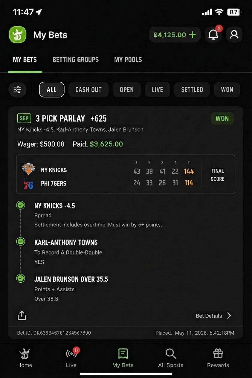 NBA Playoffs · Knicks SGP winning betting slip — payout $3,625
