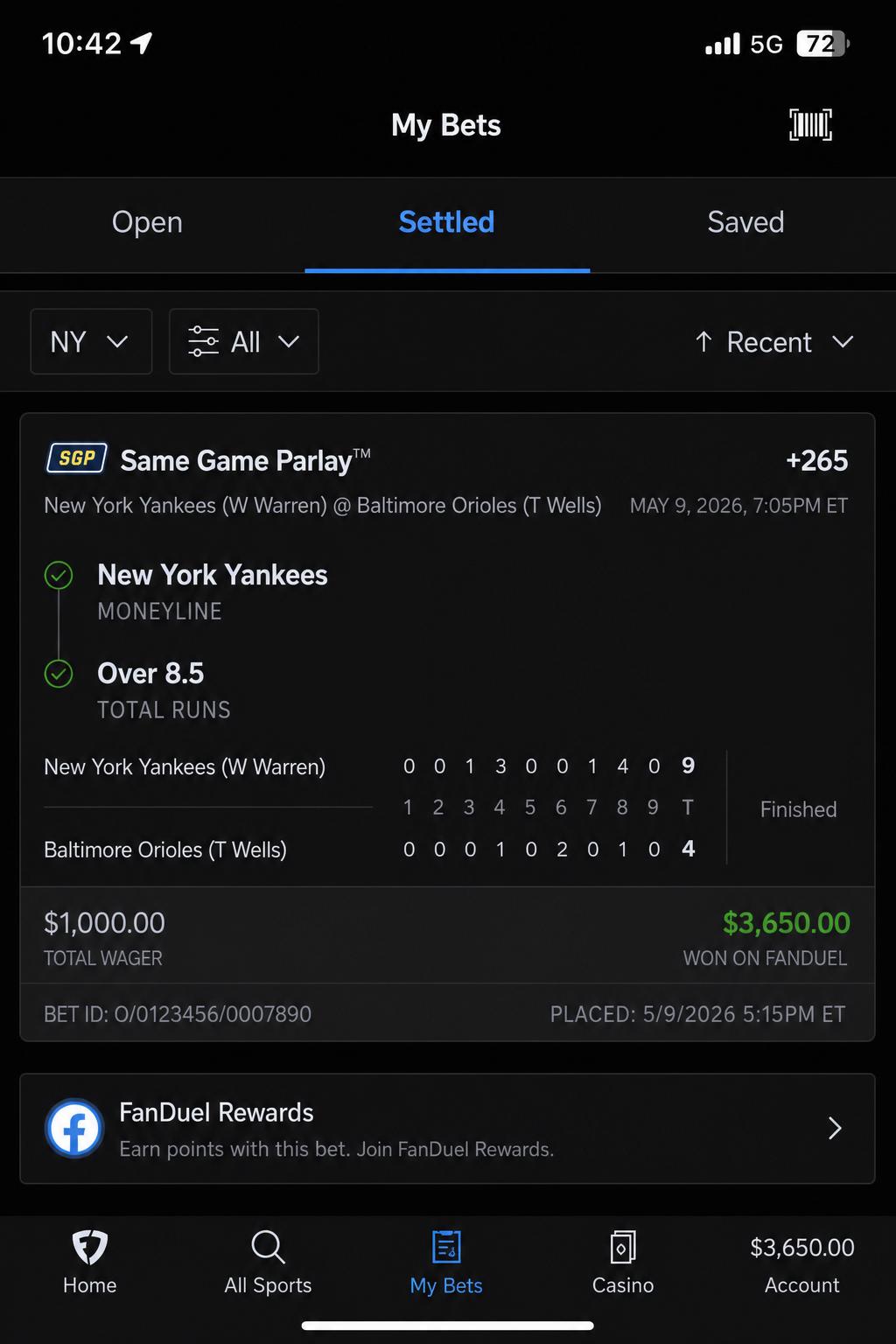 MLB · Yankees SGP winning betting slip — payout $3,650